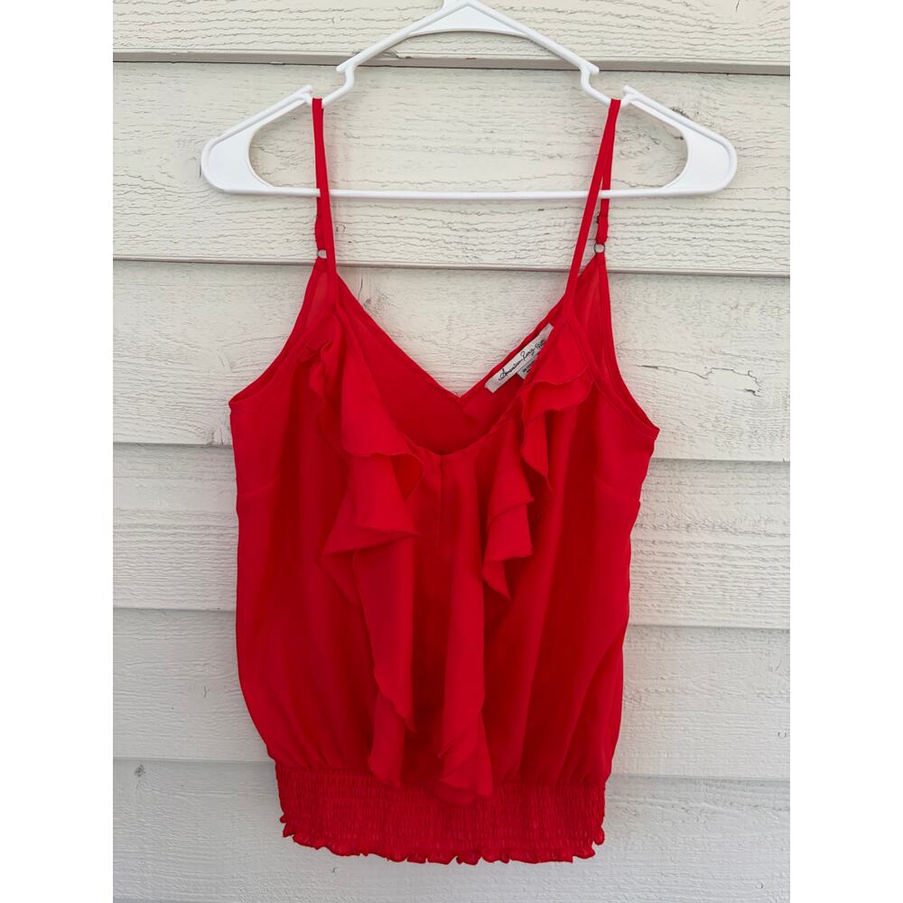American Rag Red Ruffle Tank Top Size Medium Flowy Smocked Waist - Picture 2 of 4